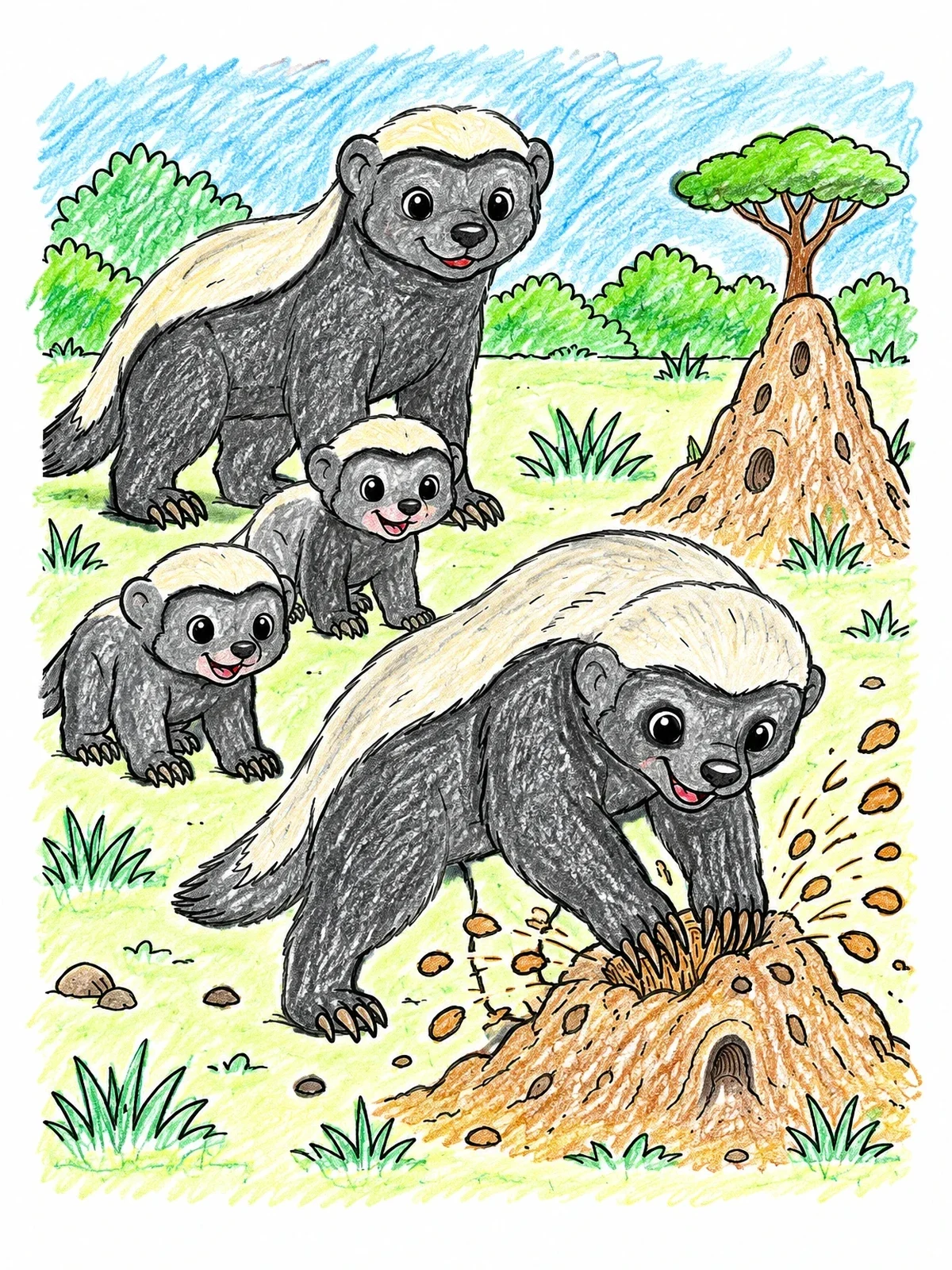Colored example of the Honey Badger Family On The Savanna coloring page