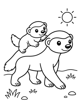 A cute badger coloring page with a mother carrying her little cub on her back under the sun.