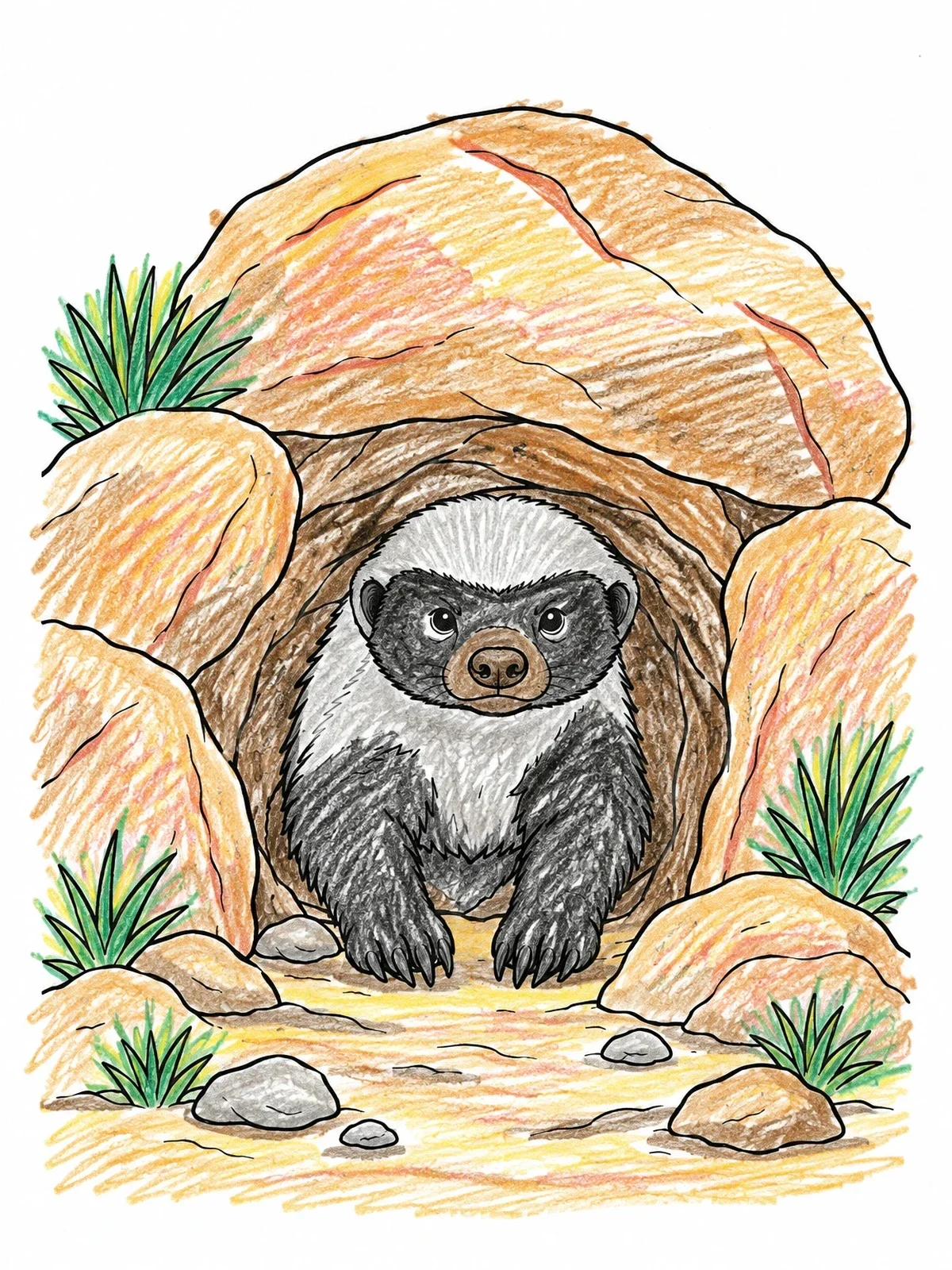 Colored example of the Honey Badger In A Rocky Den coloring page