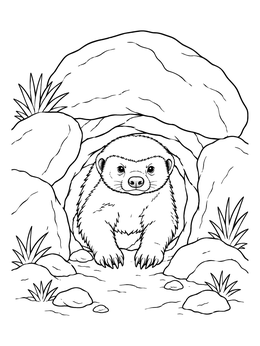 A curious honey badger coloring page showing the animal emerging from beneath rocky boulders.