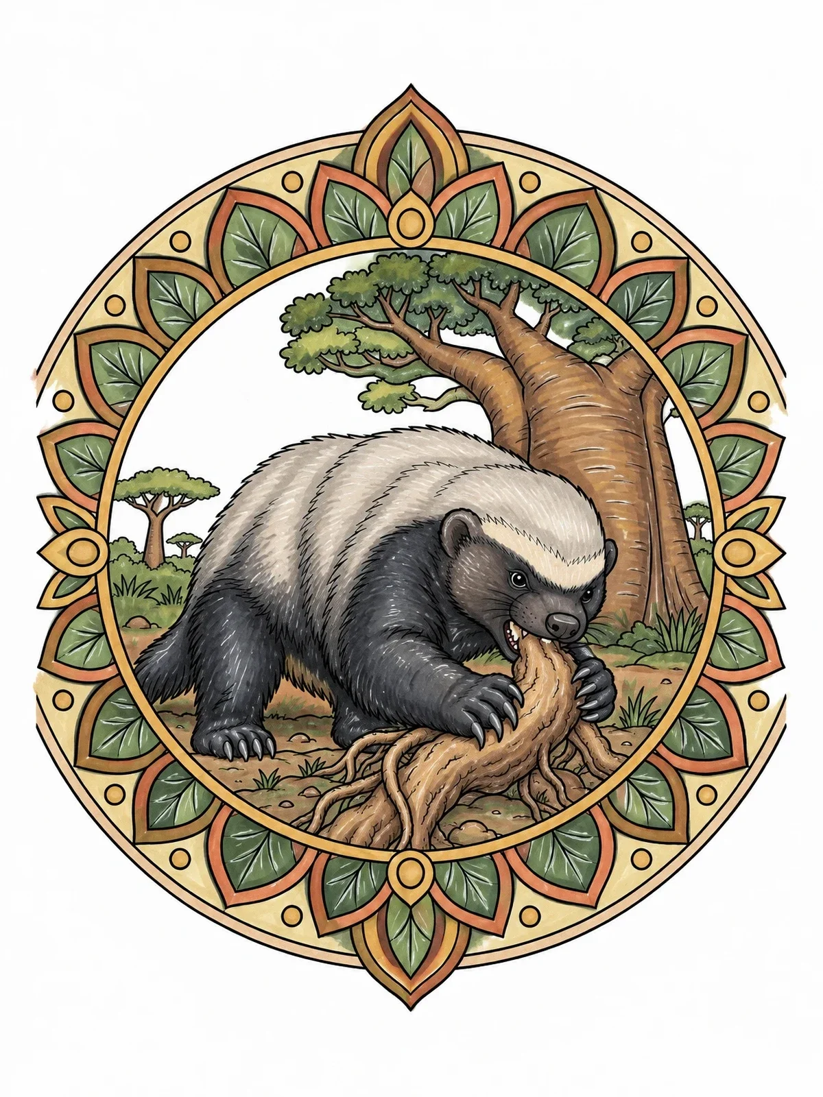 Colored example of the Honey Badger Gnawing On Root Mandala coloring page