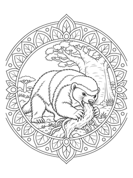 A detailed badger coloring page showing a honey badger chewing a root inside an ornate floral mandala frame.