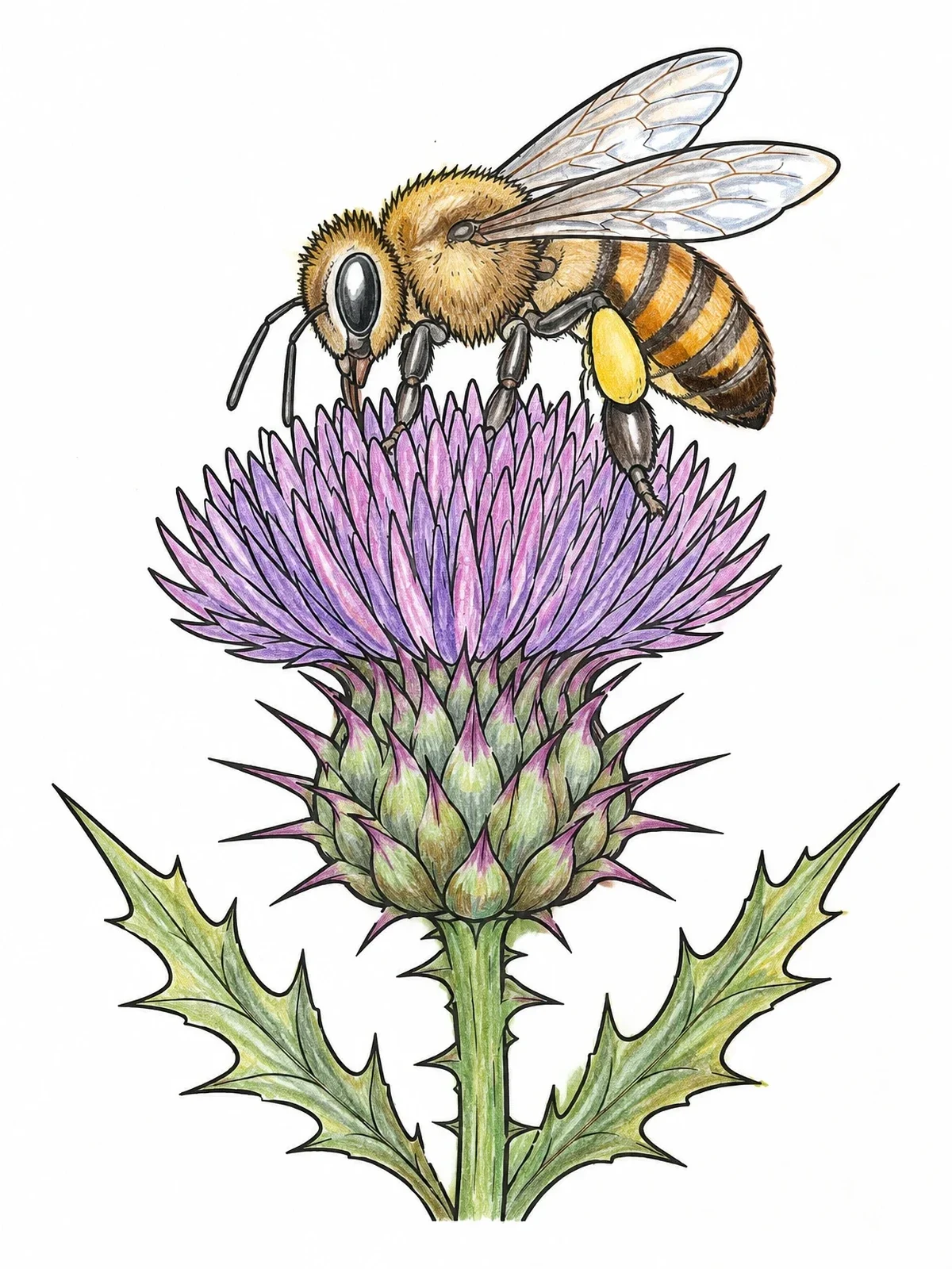 Colored example of the Honey Bee On Thistle Flower coloring page