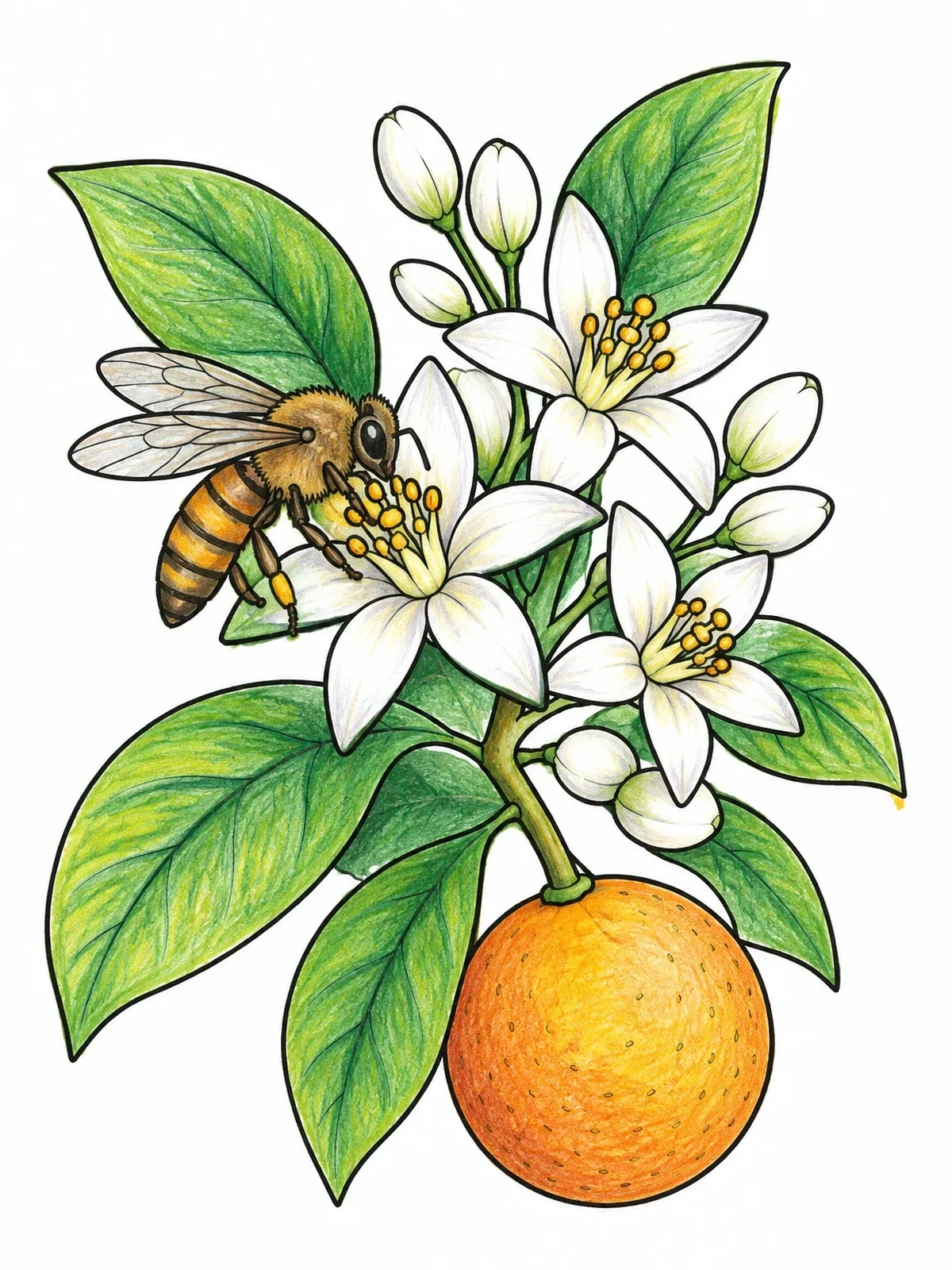 Colored example of the Honeybee On Blooming Orange Branch coloring page