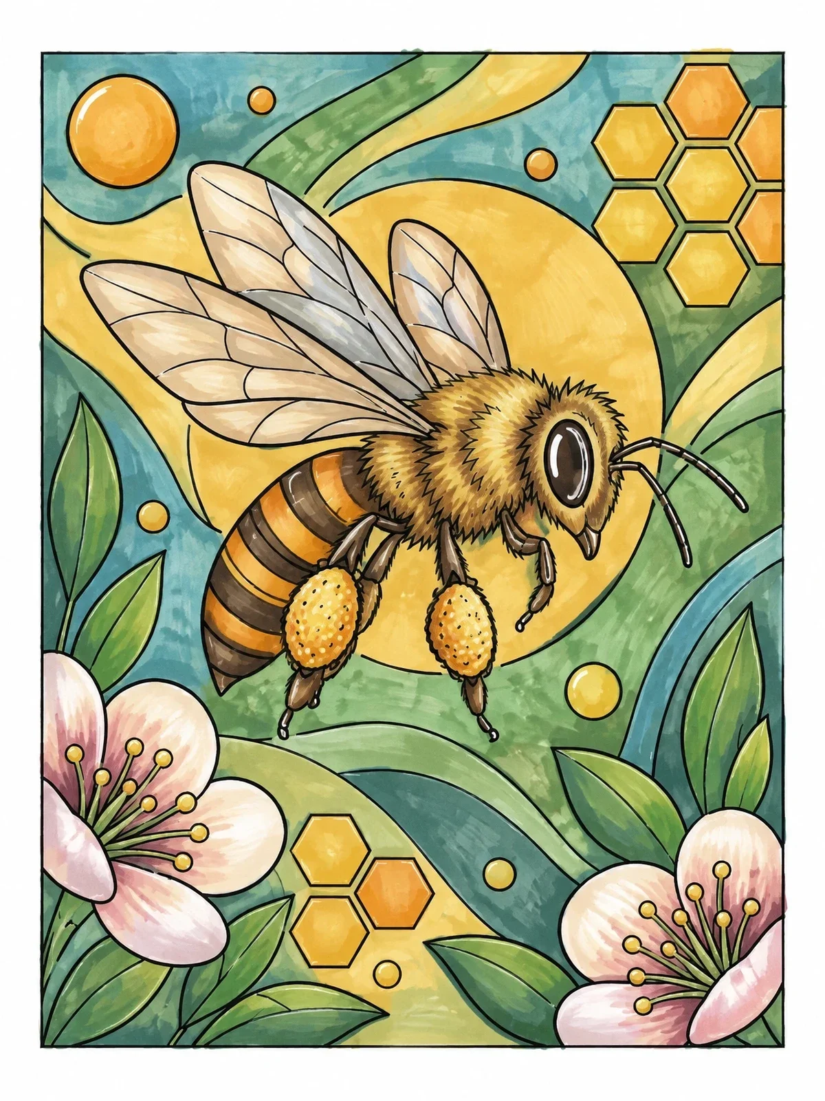 Colored example of the Honeybee Carrying Pollen Near Flowers coloring page