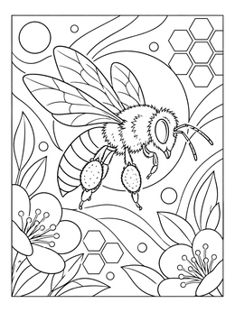A detailed ecology coloring page featuring a fuzzy honeybee with pollen baskets hovering near flowers.