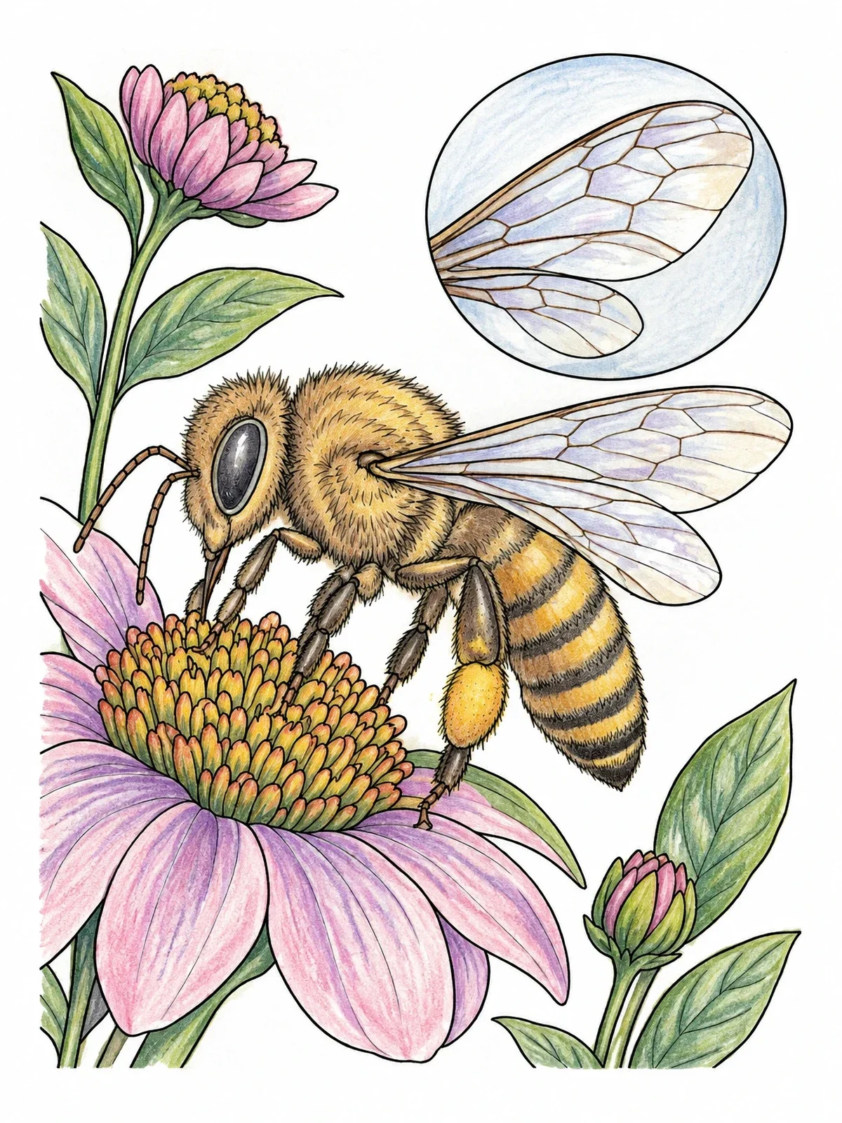 Colored example of the Honeybee On Flower With Wing Detail coloring page