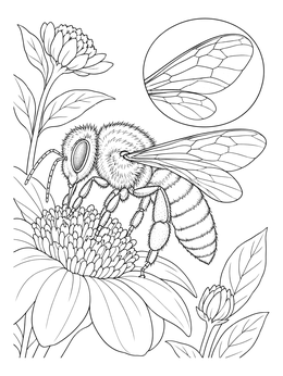 A detailed bee coloring page showing a honeybee pollinating a flower alongside an inset diagram of its wings.