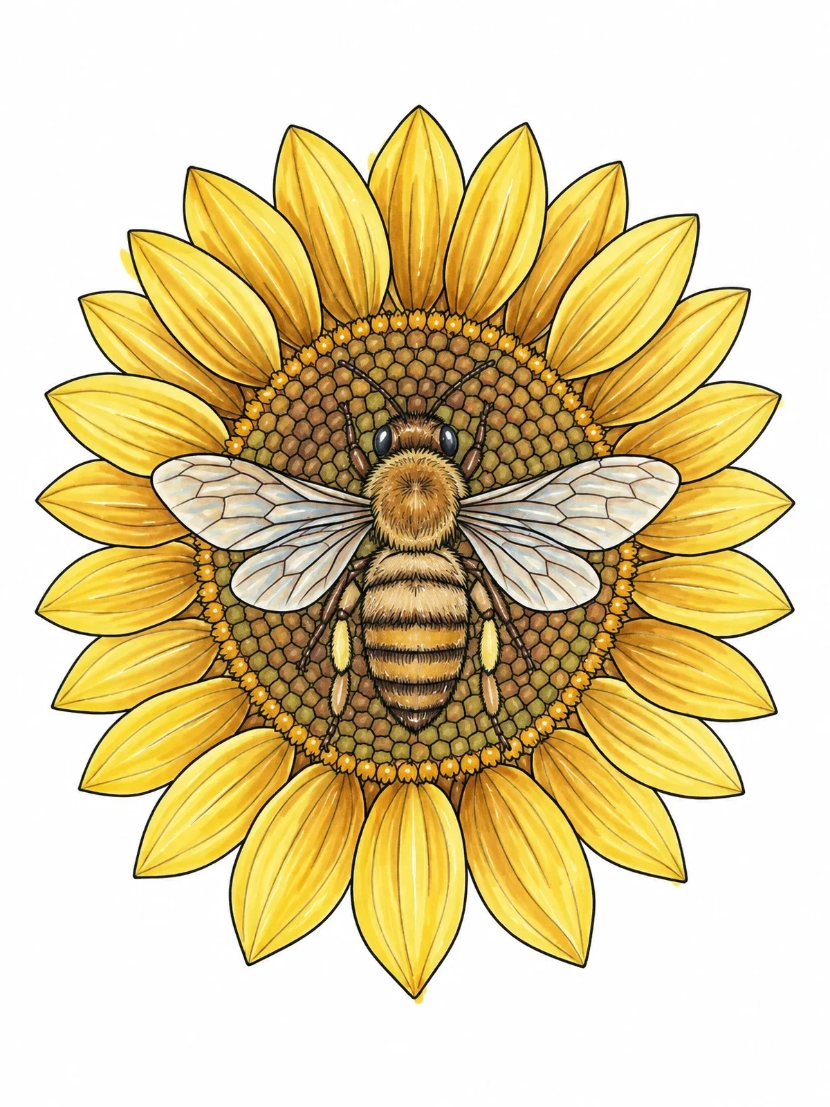 Colored example of the Honeybee Resting On Sunflower Center coloring page