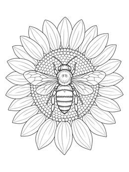 A detailed bee coloring page showing a honeybee seen from above resting in the center of a sunflower.