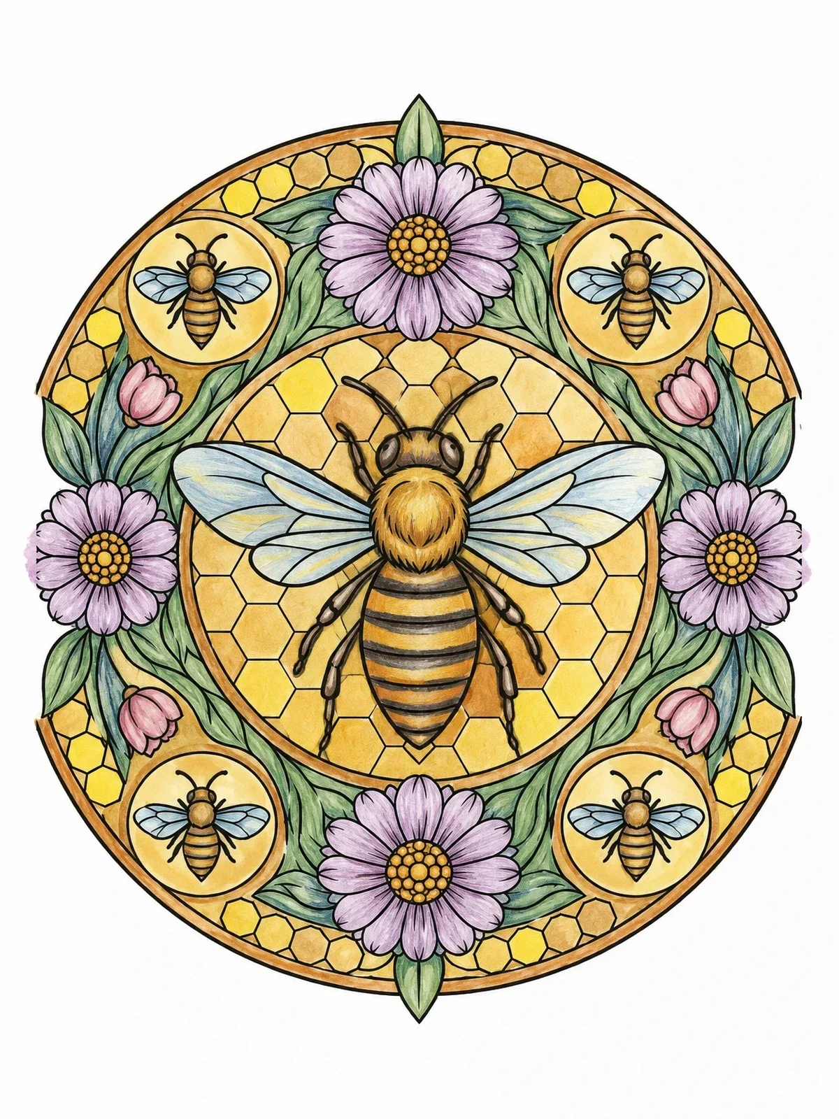 Colored example of the Intricate Honeycomb Bee Mandala coloring page