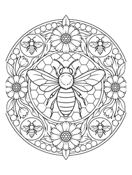 Detailed mandala with a honeybee and floral patterns on this bee coloring page.