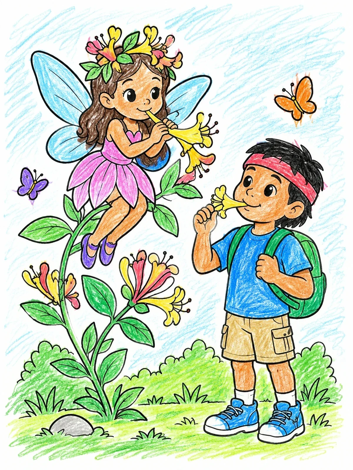 Colored example of the Honeysuckle Fairy And Boy In Garden coloring page