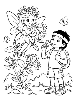 Free printable Honeysuckle Fairy And Boy In Garden coloring page