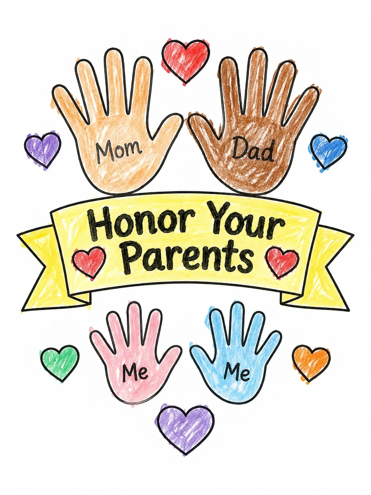 Colored example of the Honor Your Parents Handprints Banner coloring page