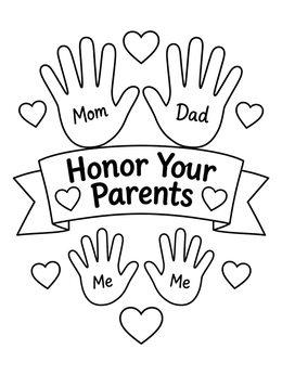 An inspiring parents coloring page with family handprints, small hearts, and an Honor Your Parents banner.