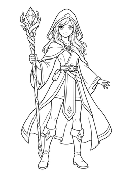 An anime girl warrior coloring page showing a hooded battle mage holding an ornate crystal staff.