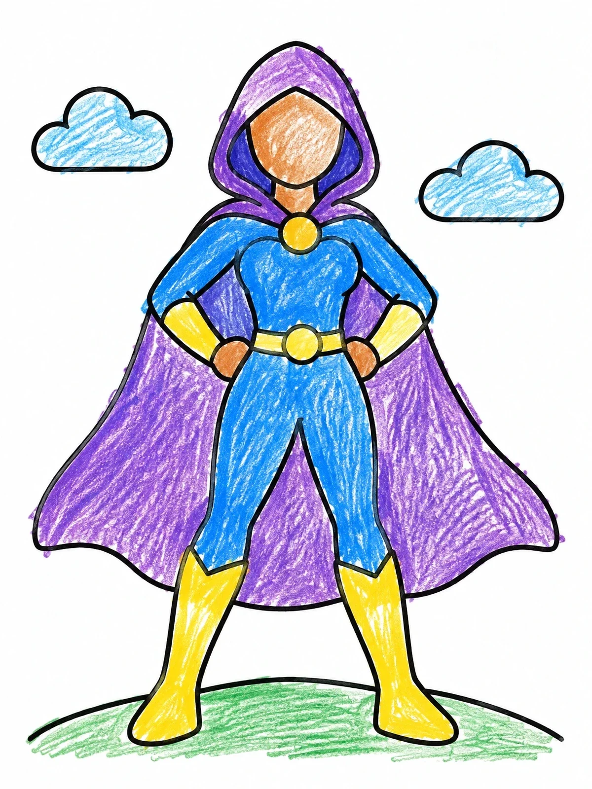 Colored example of the Hooded Superhero Blank Face Template coloring page