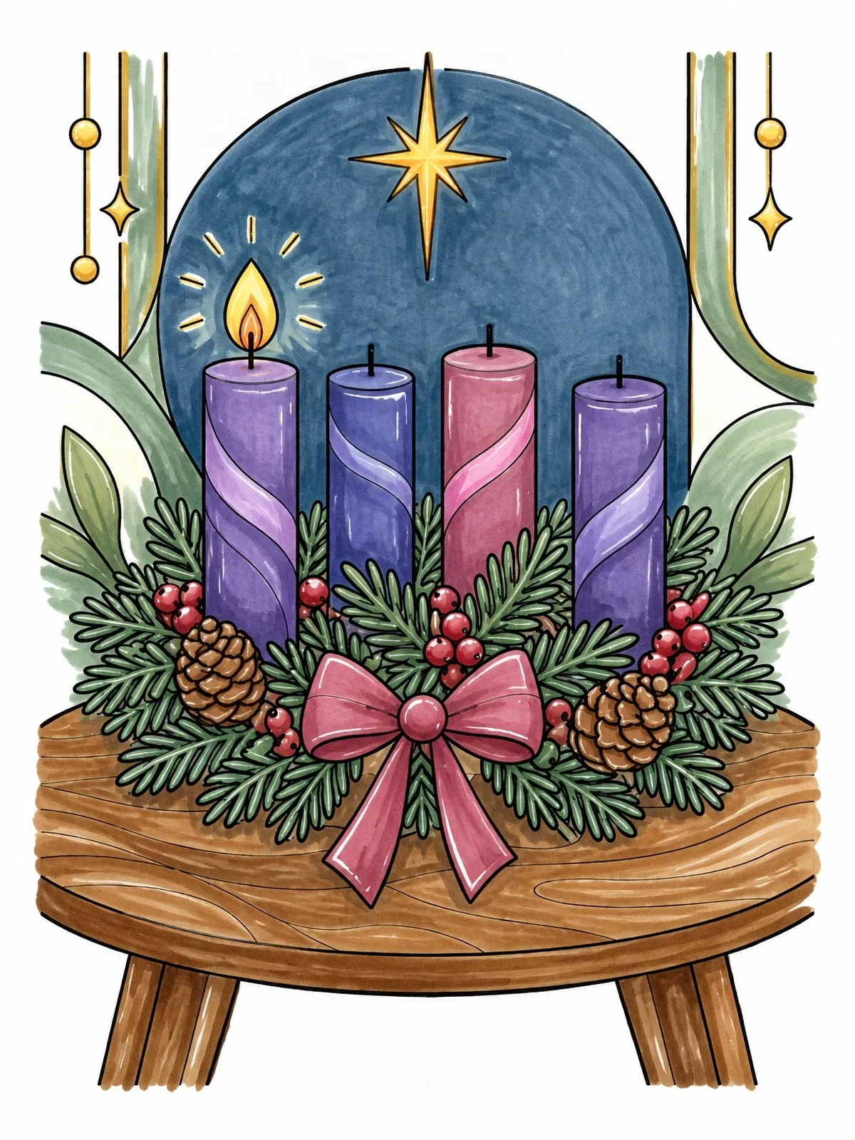 Colored example of the Advent Wreath With First Candle Lit coloring page