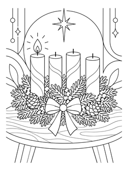 An Advent wreath with one lit candle rests on a table in this hope coloring page.