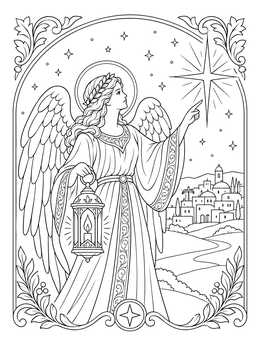 An angel holding a lantern points toward a radiant star in this hope coloring page.