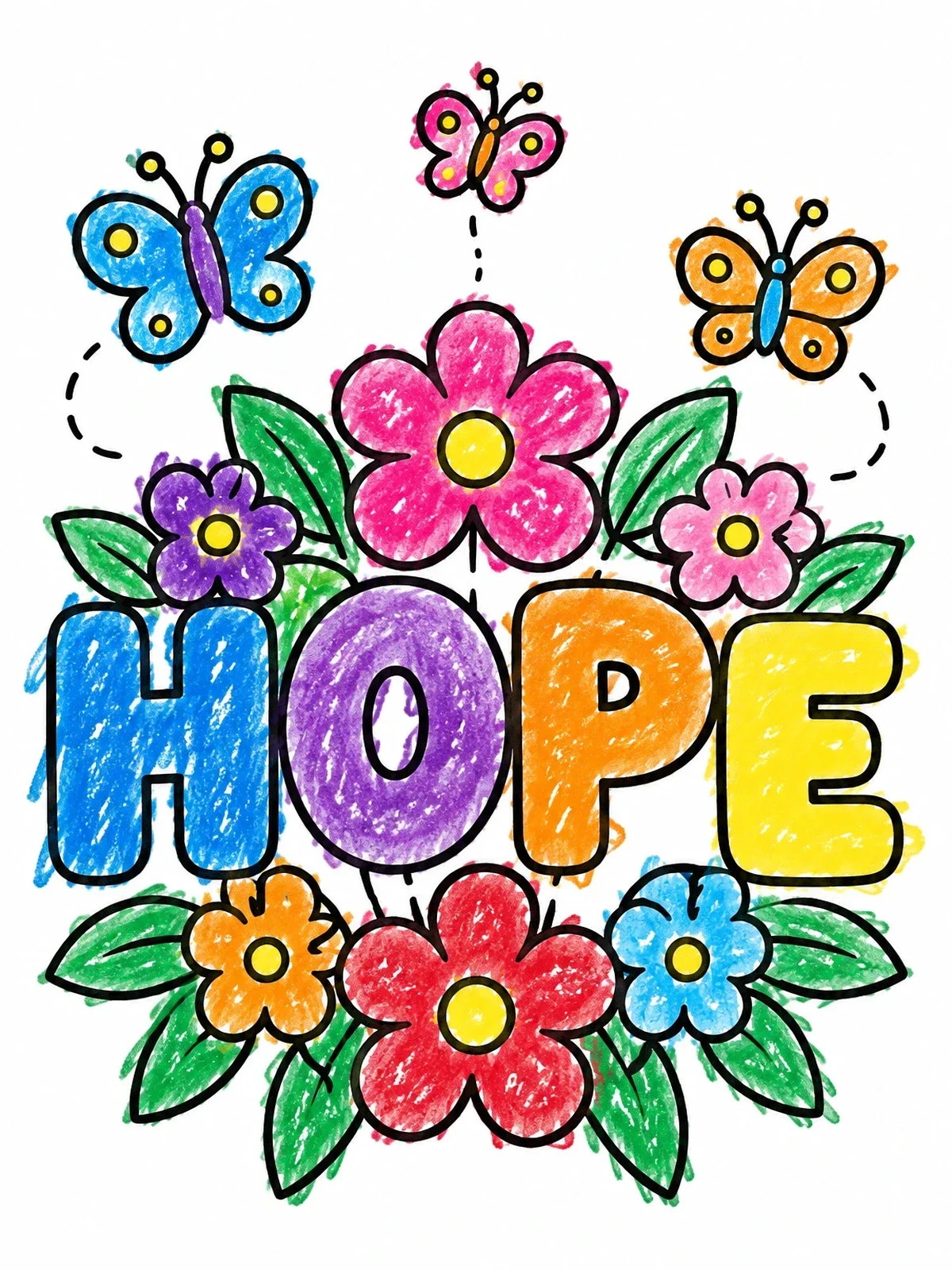 Colored example of the Hope Word With Flowers And Butterflies coloring page