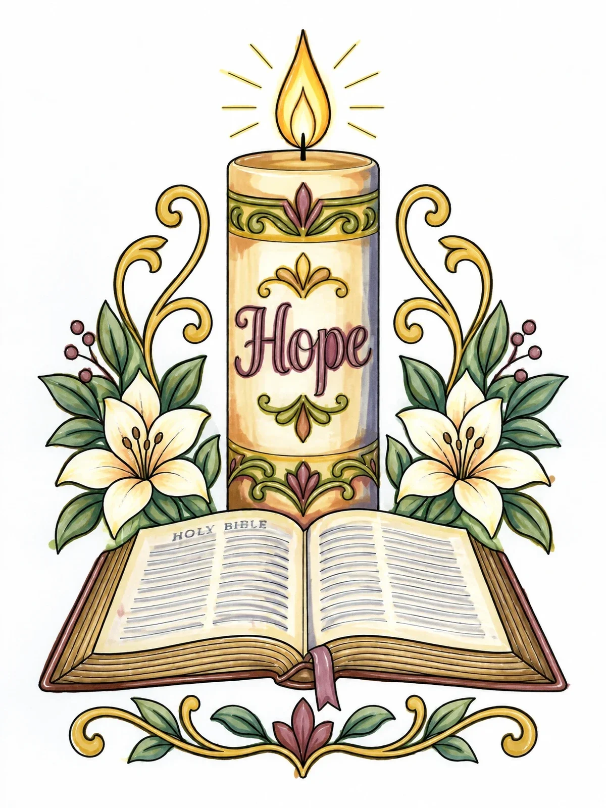 Colored example of the Hope Candle And Open Bible coloring page