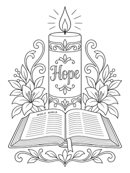 An inspiring hope coloring page featuring a glowing pillar candle and an open Holy Bible surrounded by lilies.