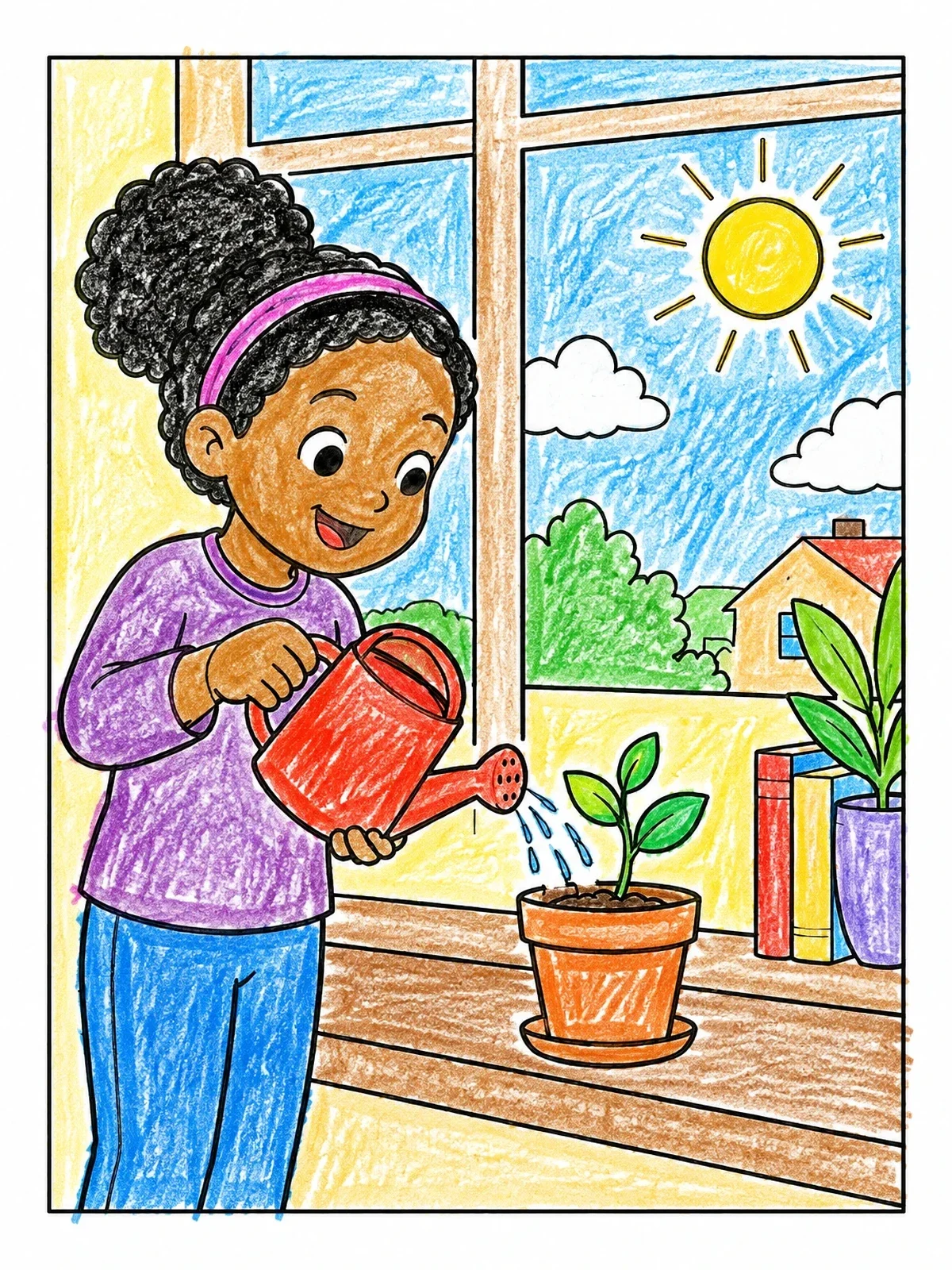 Colored example of the Child Watering A Window Plant coloring page