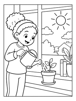 Free printable Child Watering A Window Plant coloring page