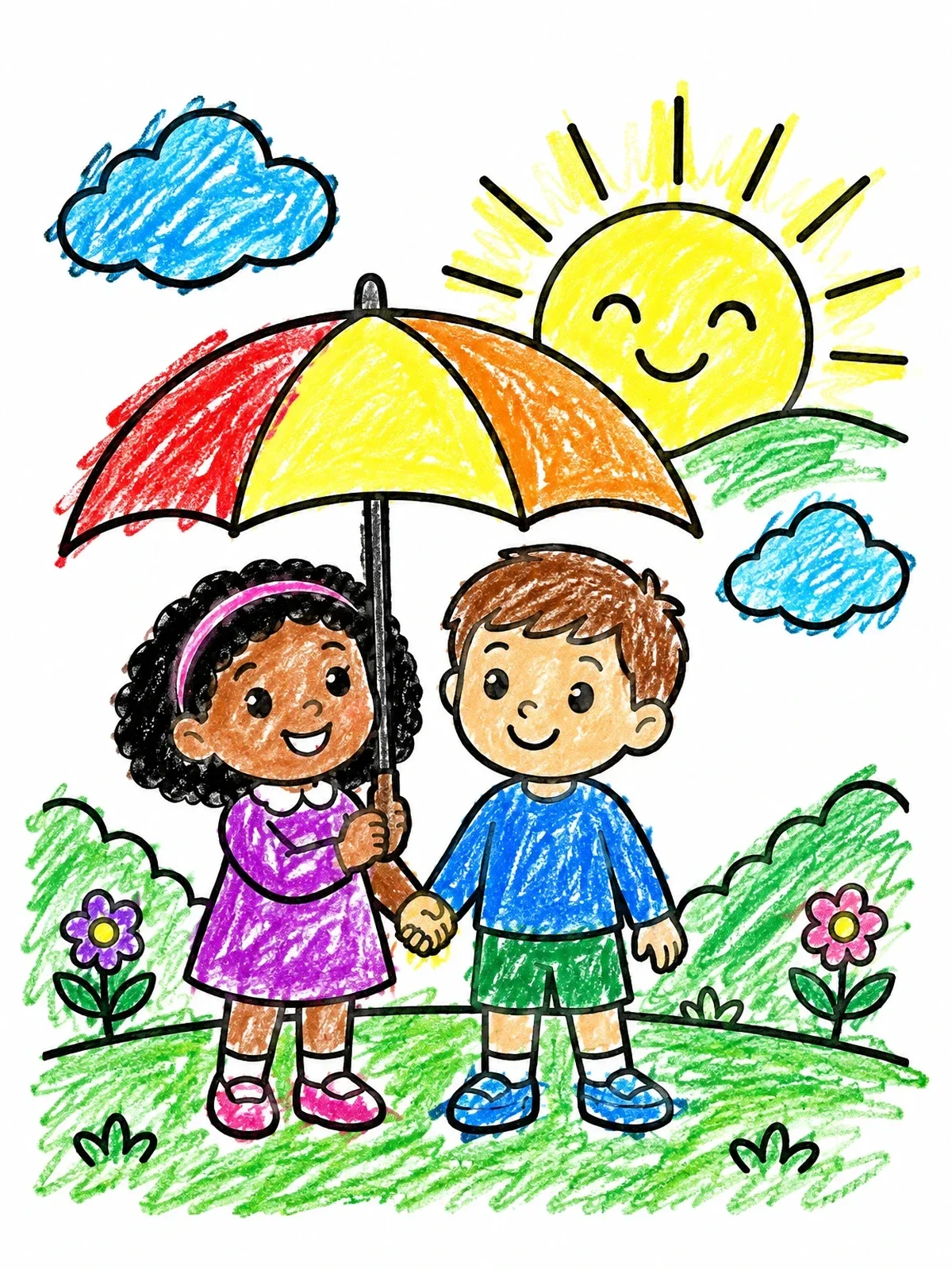 Colored example of the Children Under Umbrella In The Sunshine coloring page