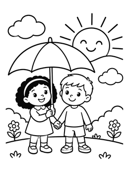 Free printable Children Under Umbrella In The Sunshine coloring page