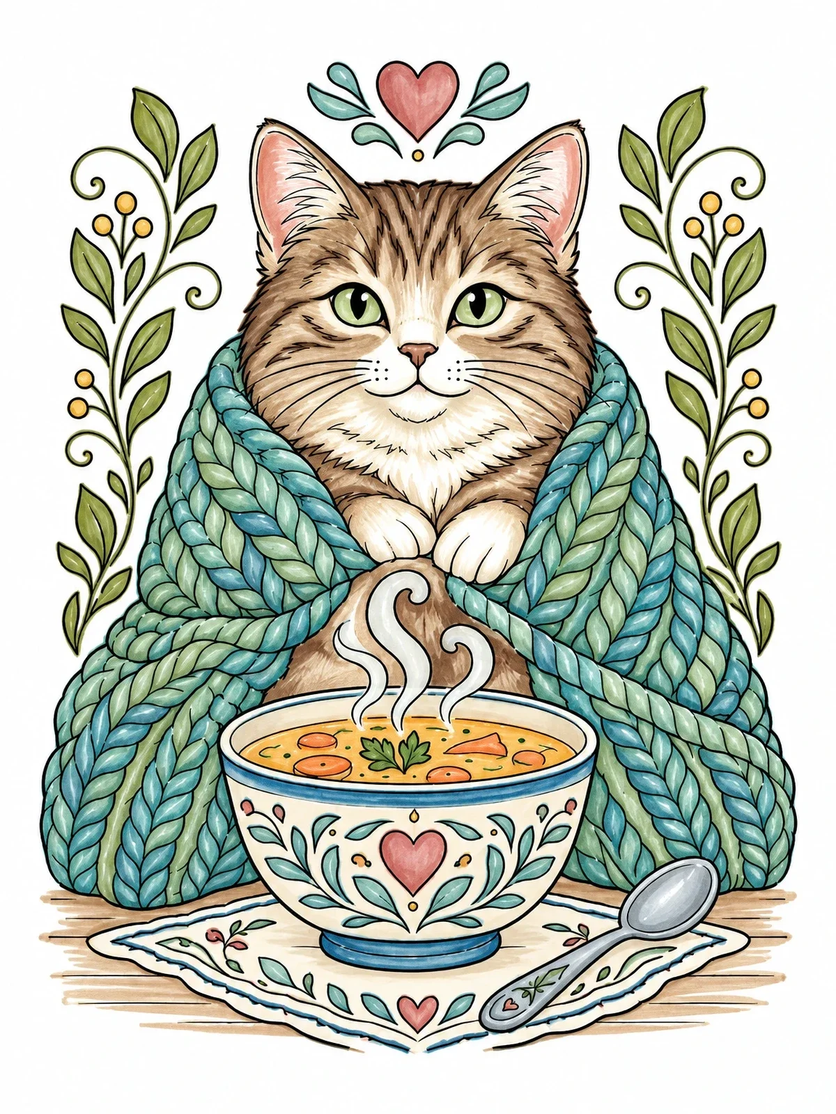 Colored example of the Cozy Cat With Warm Soup coloring page