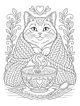 A cozy cat wrapped in a knitted scarf by soup on this hope coloring page.