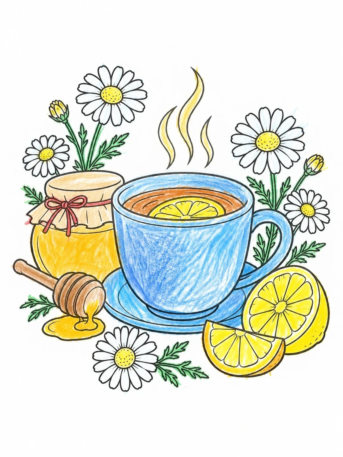 Colored example of the Cozy Chamomile Tea And Honey coloring page