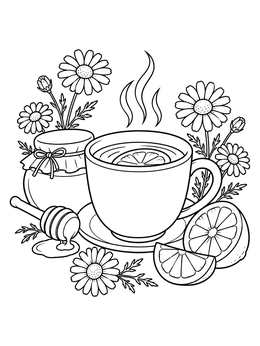 A steaming cup of tea with lemon and honey on this hope coloring page.