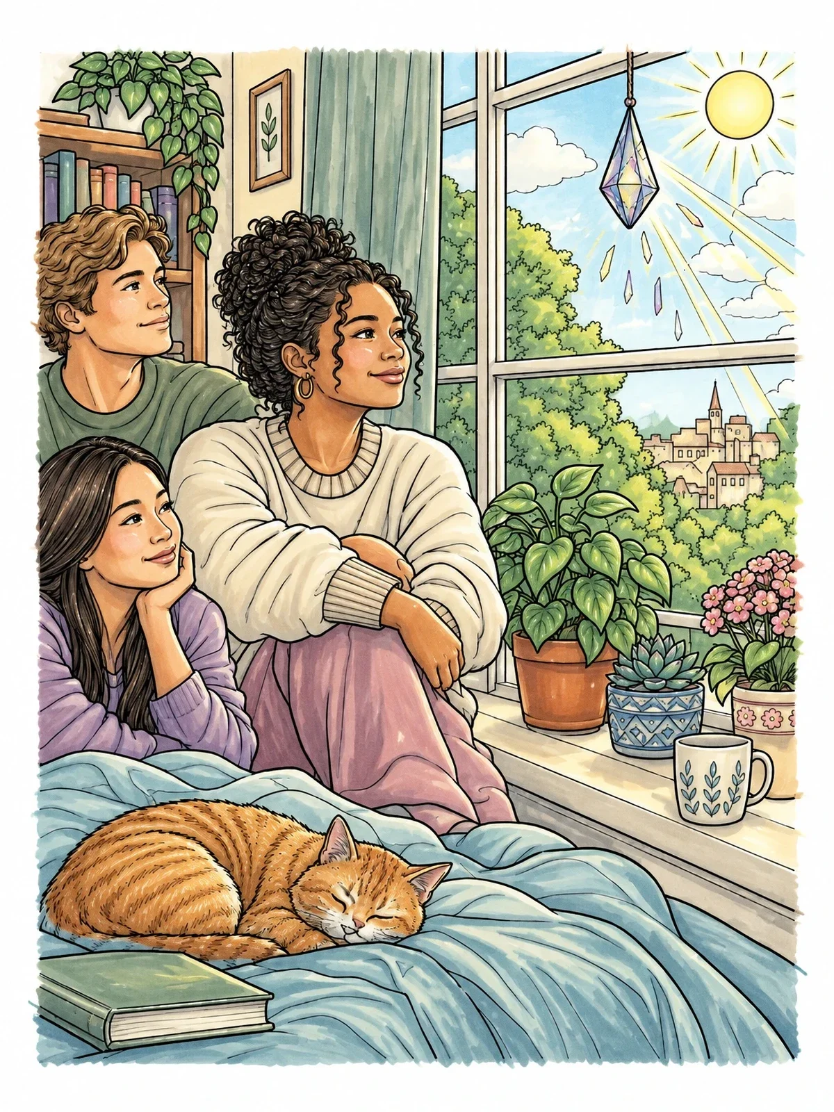 Colored example of the Friends Watching Sunlit Window With Cat coloring page