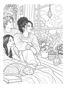 A hopeful group of friends by a sunny window with plants and a prism in this hope coloring page.