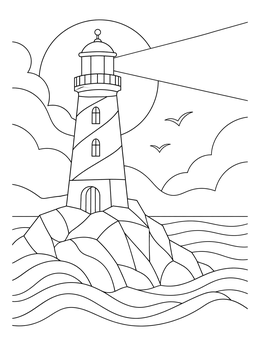 A serene hope coloring page featuring a sturdy lighthouse shining light over ocean waves.