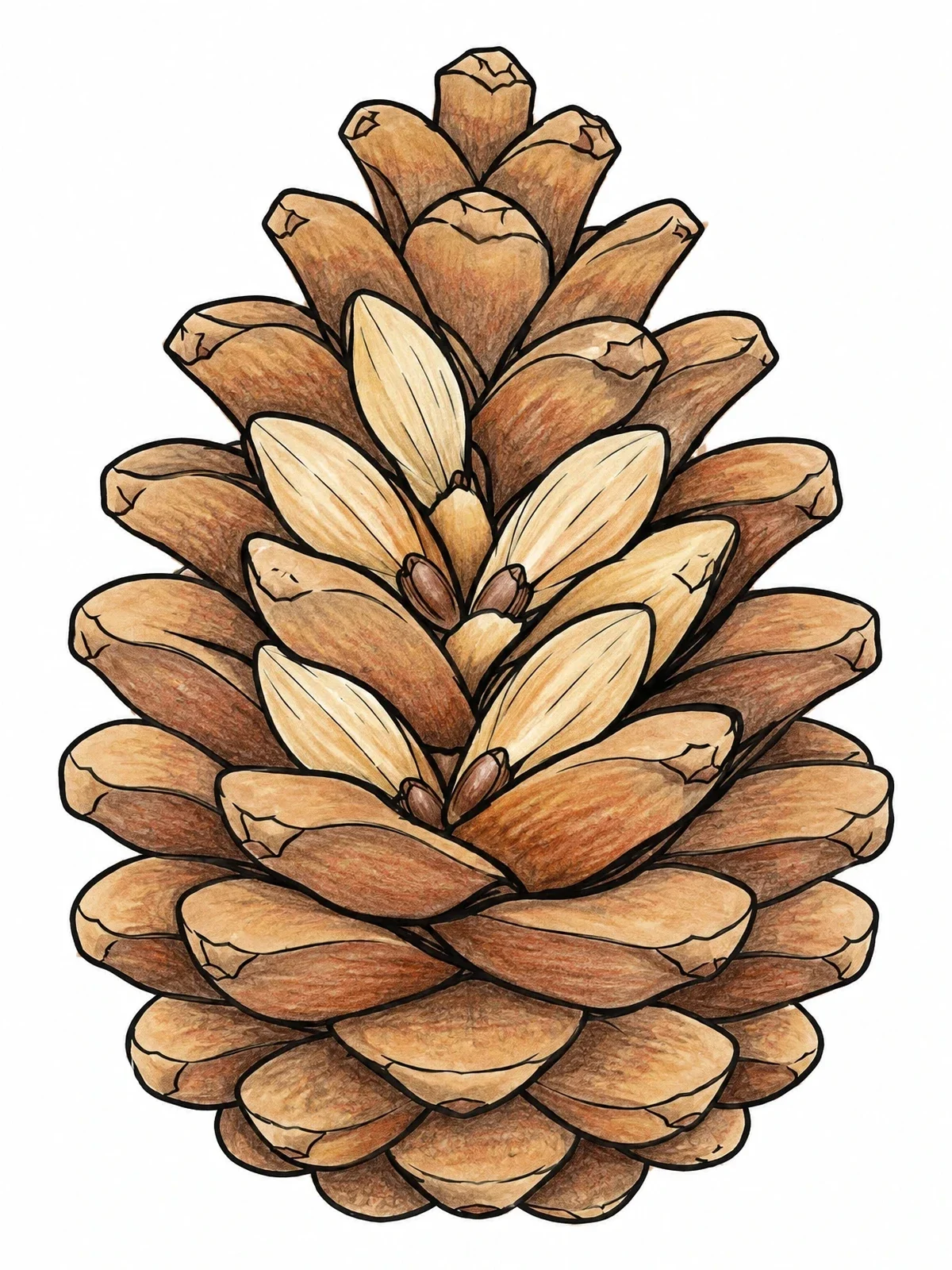 Colored example of the Open Evergreen Pinecone With Seeds coloring page