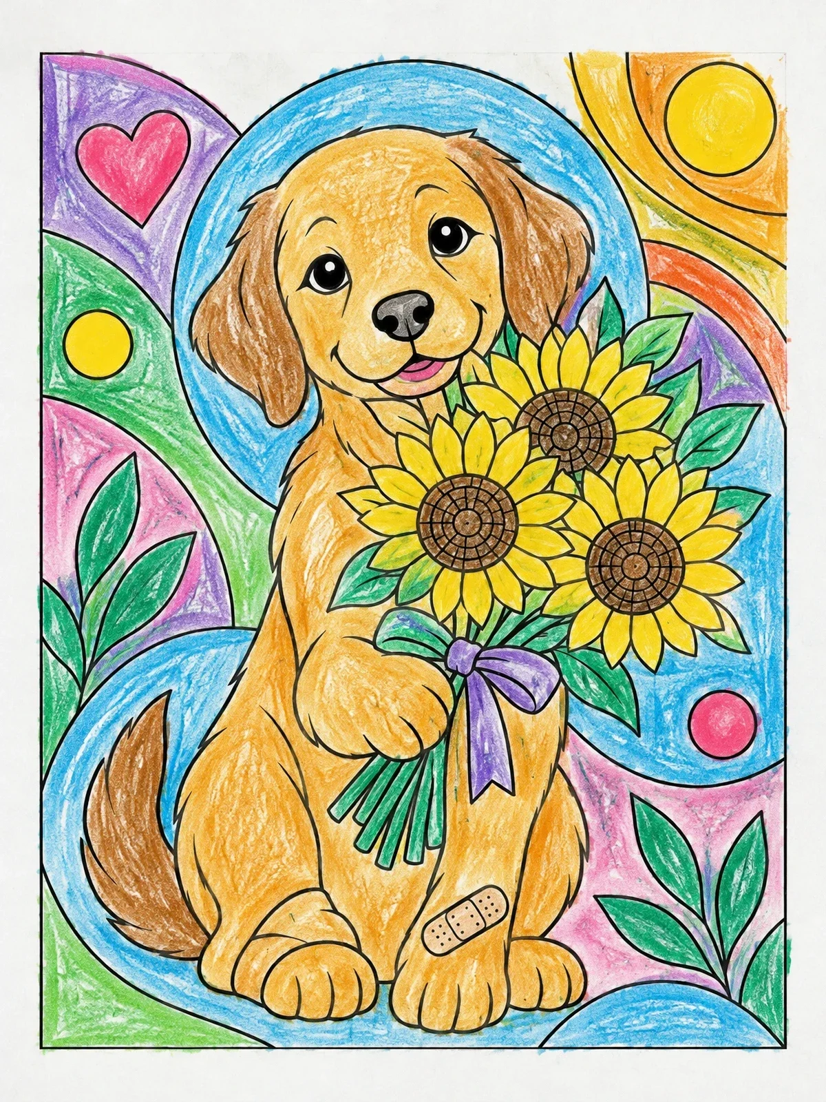 Colored example of the Cute Puppy With Sunflower Bouquet coloring page