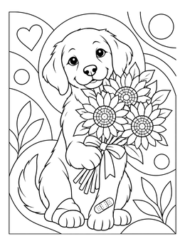 A sweet puppy holding bright flowers on this hopeful hope coloring page.