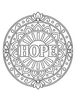 A detailed circular hope coloring page featuring floral mandala patterns and sun rays.