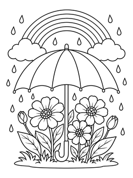 A hope coloring page featuring an umbrella protecting blooming flowers under rain and a rainbow.