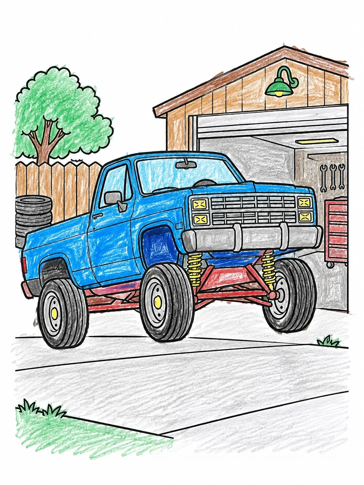 Colored example of the Hopping Square Body Lowrider Truck coloring page