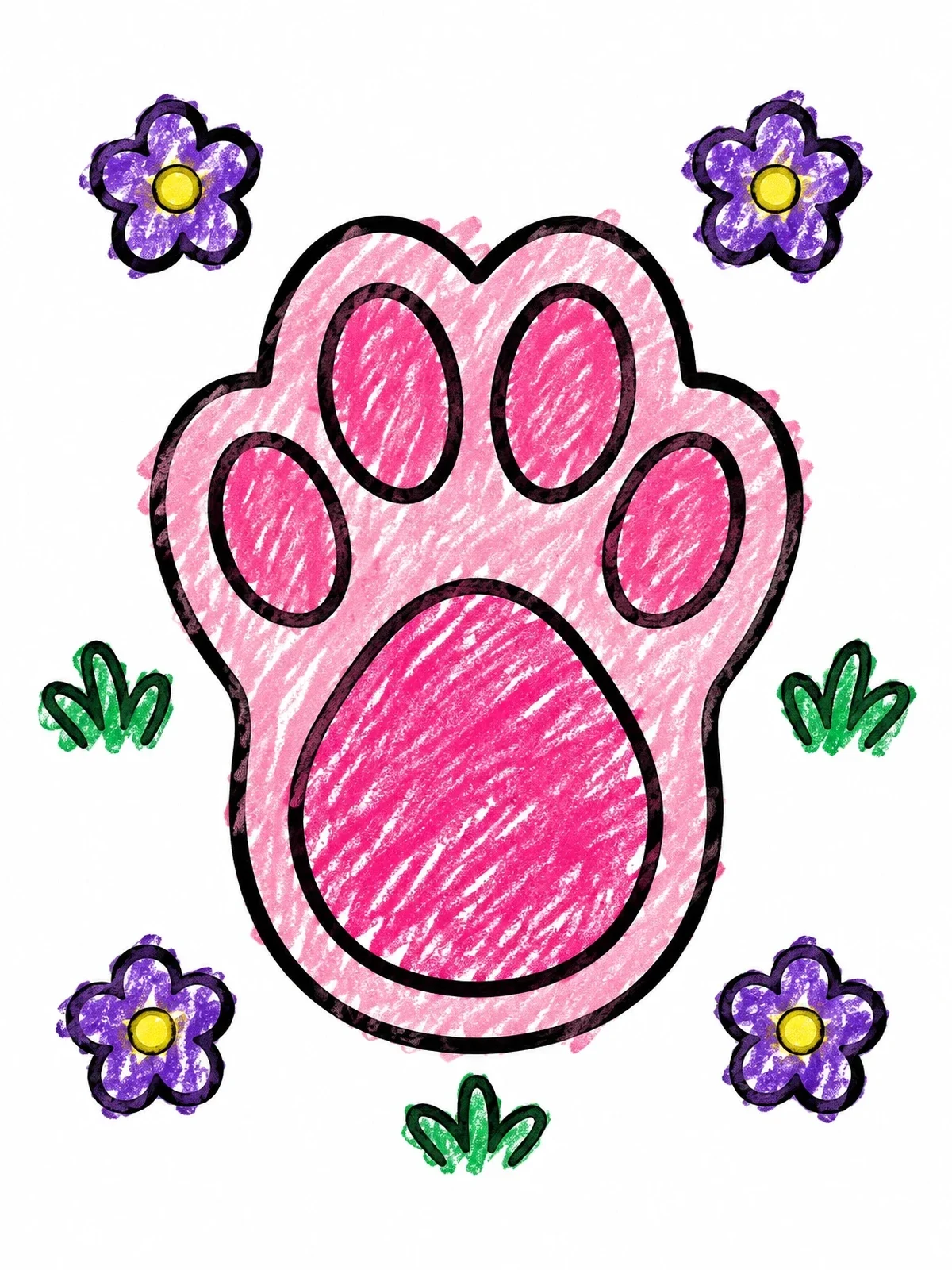 Colored example of the Bunny Paw Print With Flowers coloring page
