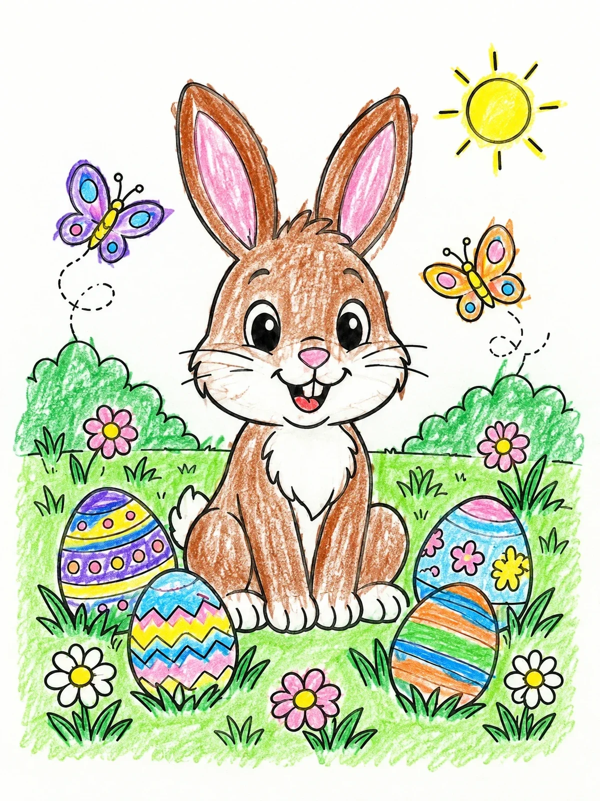 Colored example of the Cheerful Bunny With Easter Eggs coloring page