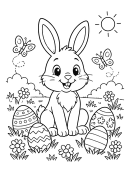 Free printable Cheerful Bunny With Easter Eggs coloring page