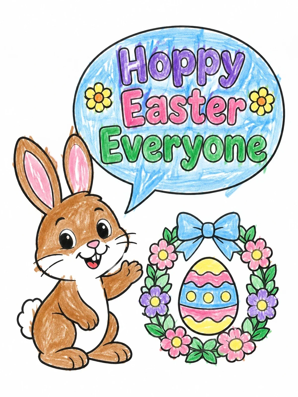 Colored example of the Cheerful Easter Bunny With Floral Wreath coloring page