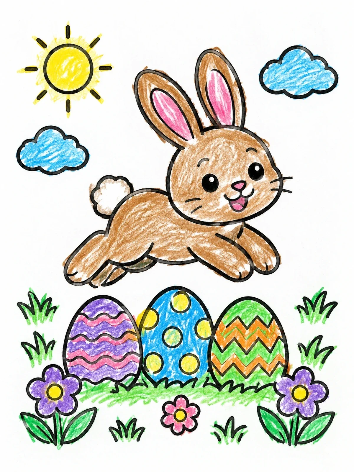 Colored example of the Cute Bunny Hopping Over Easter Eggs coloring page